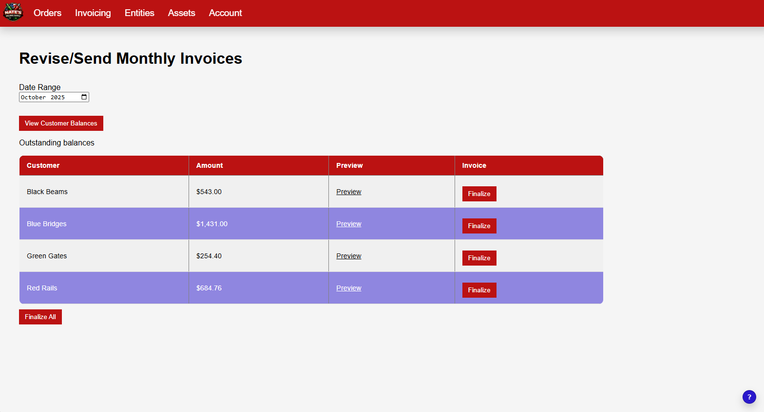 Invoices dashboard screen
